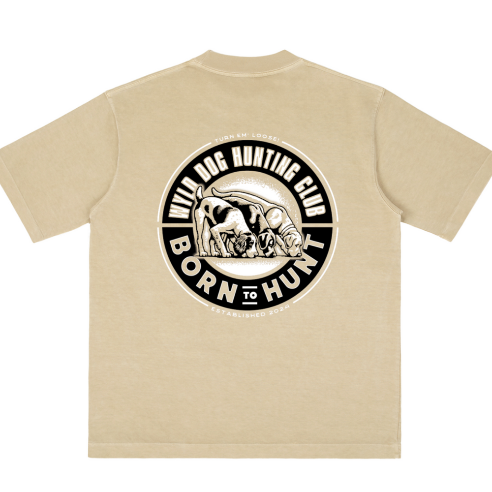 Beige t-shirt with hunting-themed graphic on a white background