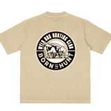 Beige t-shirt with hunting-themed graphic on a white background