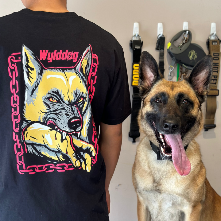 A person wearing a black t-shirt with a graphic design of a dog on it, standing next to a dog with its tongue out.